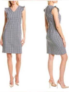 J.McLaughlin Joselyn Gingham Check Ruffle Cap Sleeve Shift Dress White Navy Sz 6